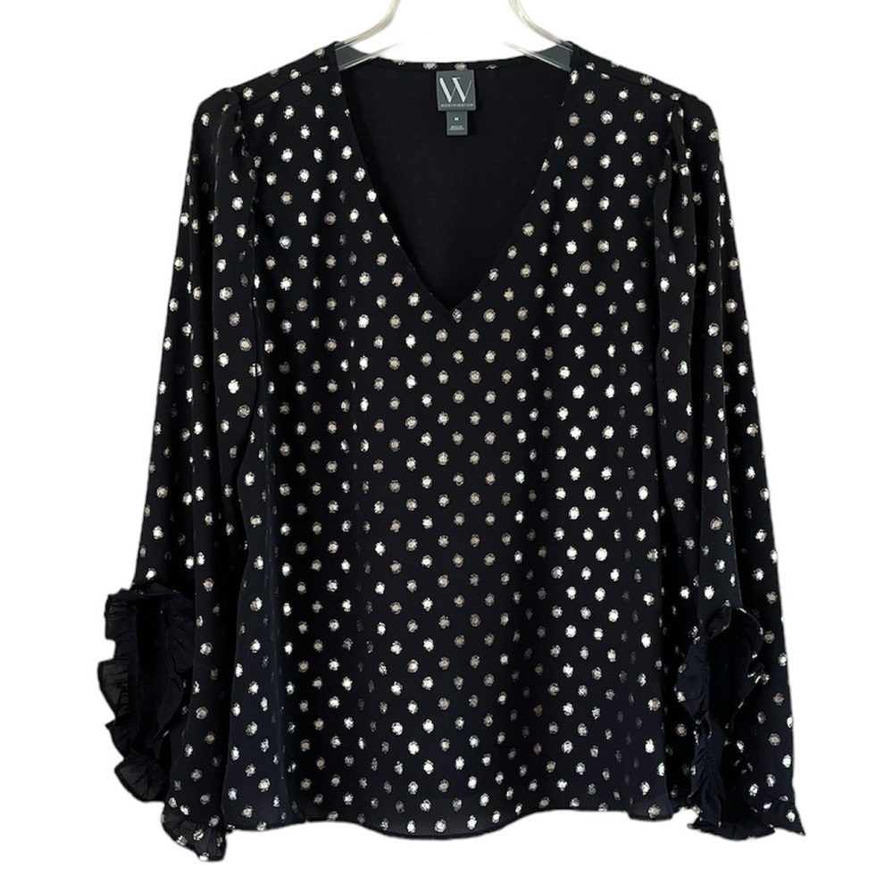 Worthington Black Blouse With Gold Foil Dots Ruffled Sleeve Size M V Neck